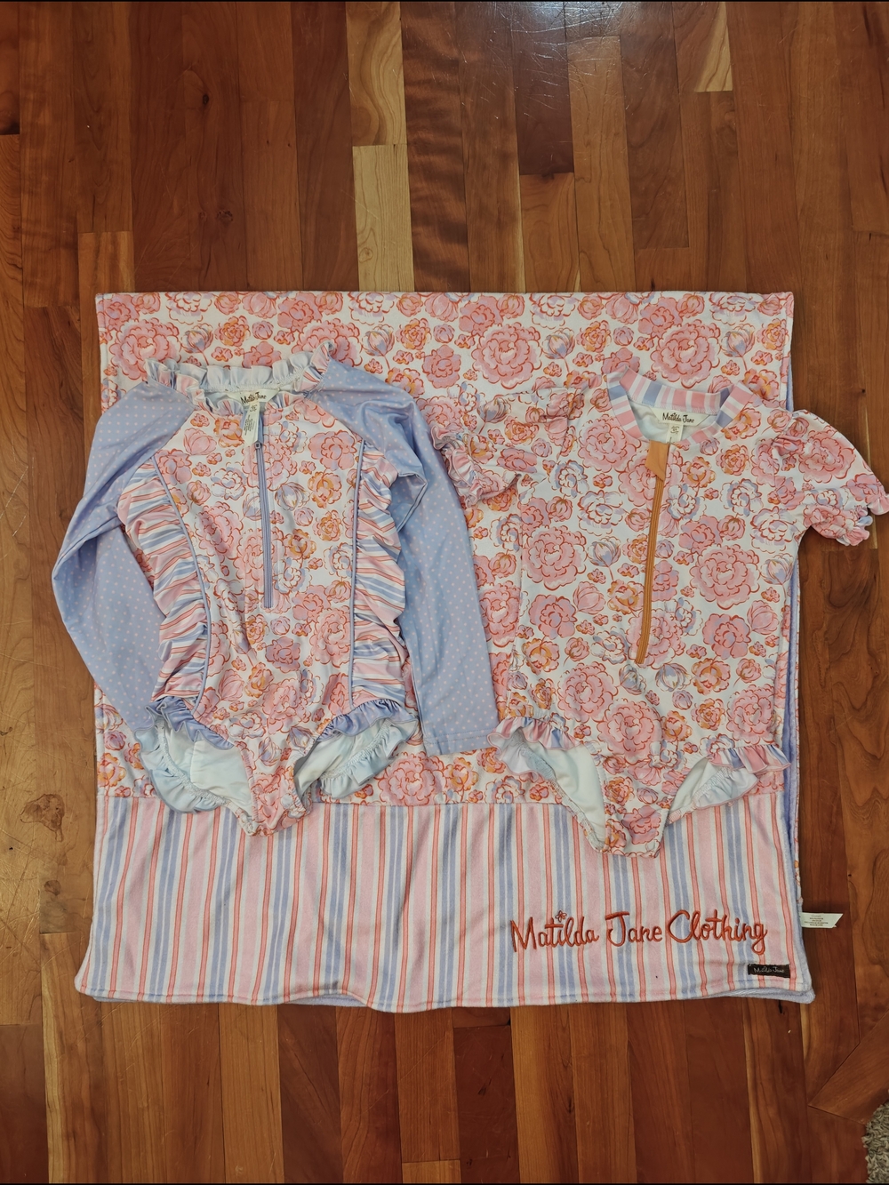 Matilda Jane Enchanted Garden Sunrise Swim 3PC Set: Towel + 2 Matching Suits